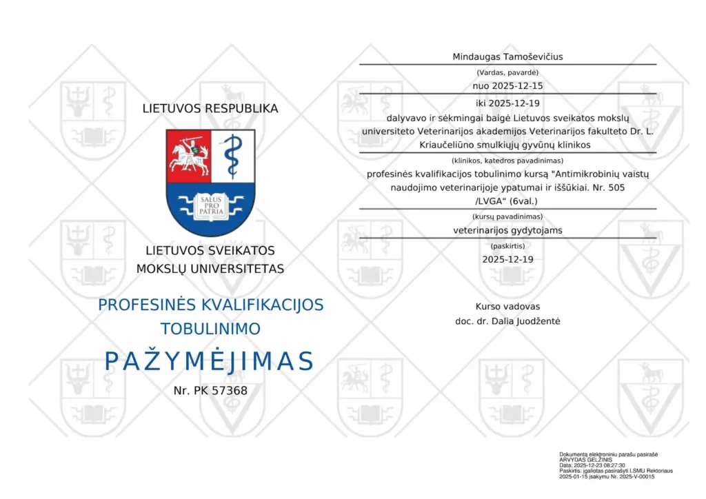 Mamba Vet veterinarijos gydytojo Mindaugo Tamoševičiaus profesinės kvalifikacijos pažymėjimas