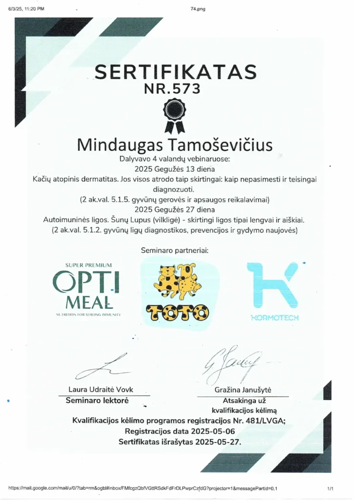 Gydytojo Mindaugo Tamoševičiaus kvalifikacijos sertifikatas